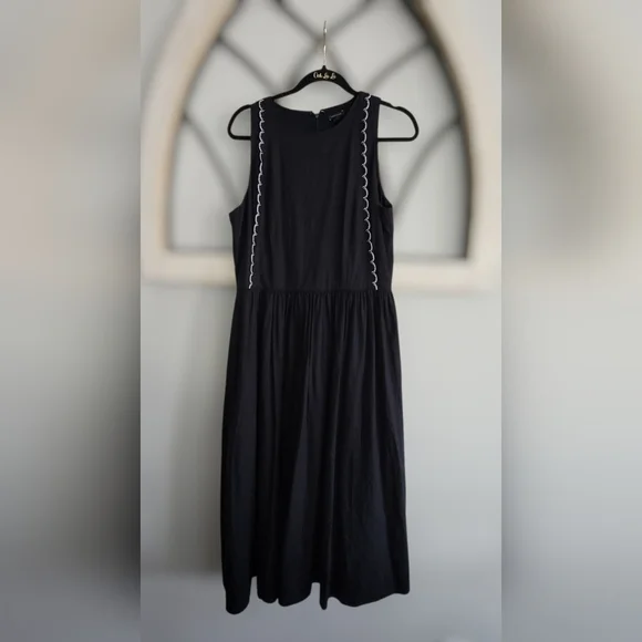 ANN TAYLOR, Scalloped Linen Blend Midi Dress, Black, Sz 8 - Picture 3 of 8